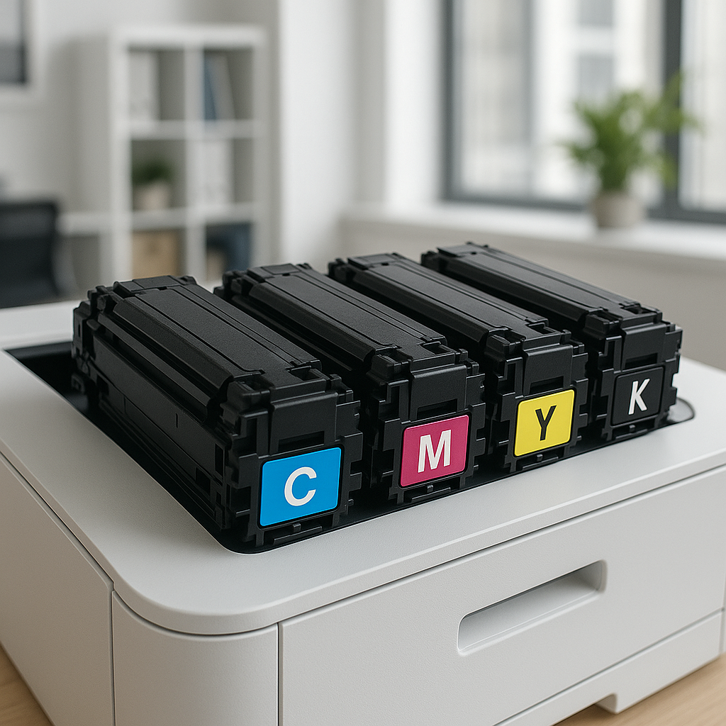 Four toner cartridges (cyan, magenta, yellow, black) installed in a printer.