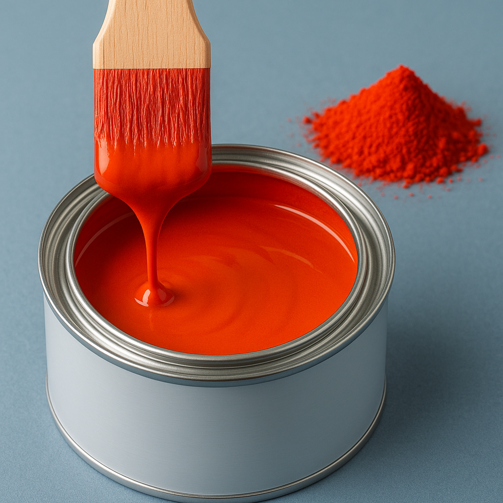 Paint can with red paint, dripping from brush. red powder dye on blue surface.