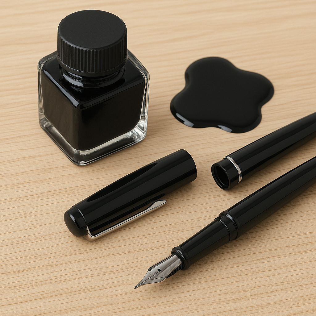 A bottle of black ink is sitting on top of a piece of paper.