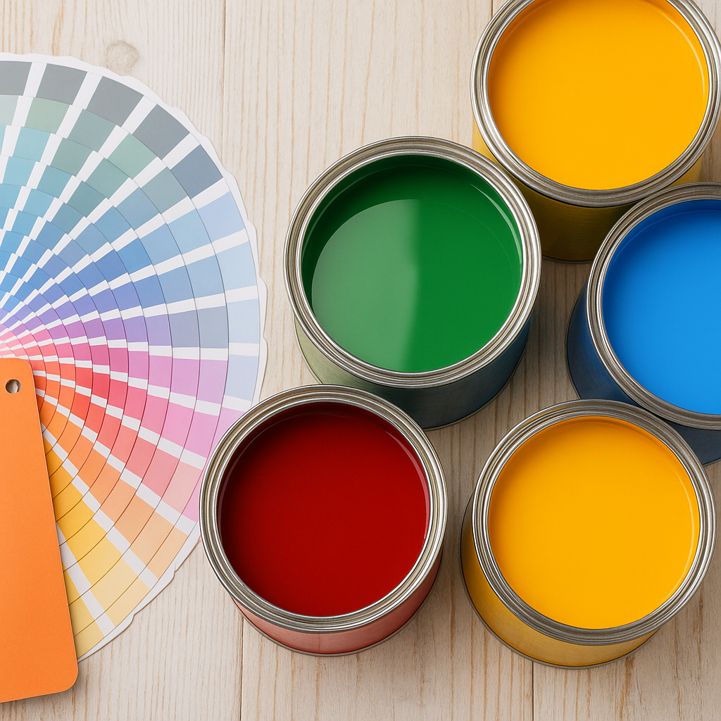 A bunch of cans of paint are sitting on a wooden table next to a color palette.