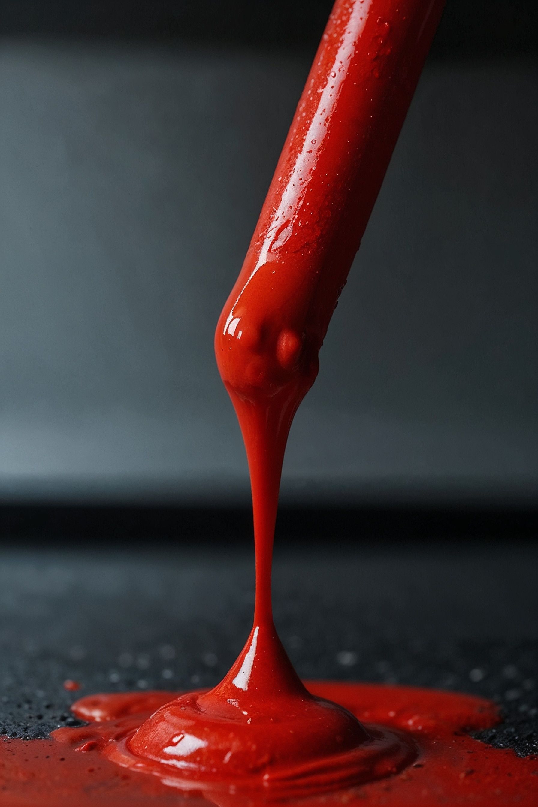 A close up of a red liquid dripping from a tube