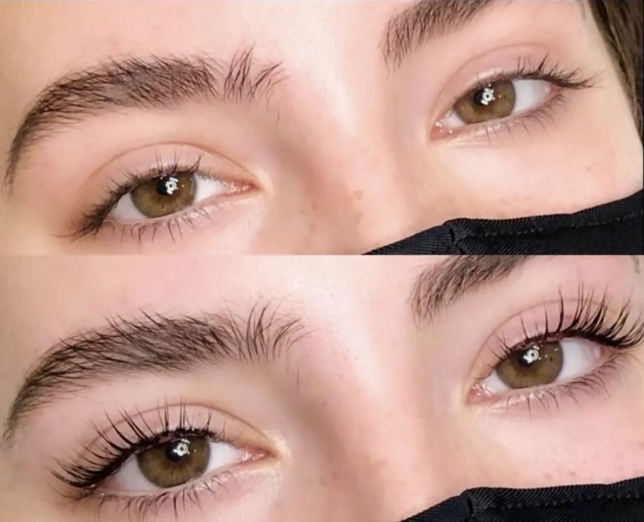 Close-up of a green eye with long, thick eyelash extensions, and text promoting 