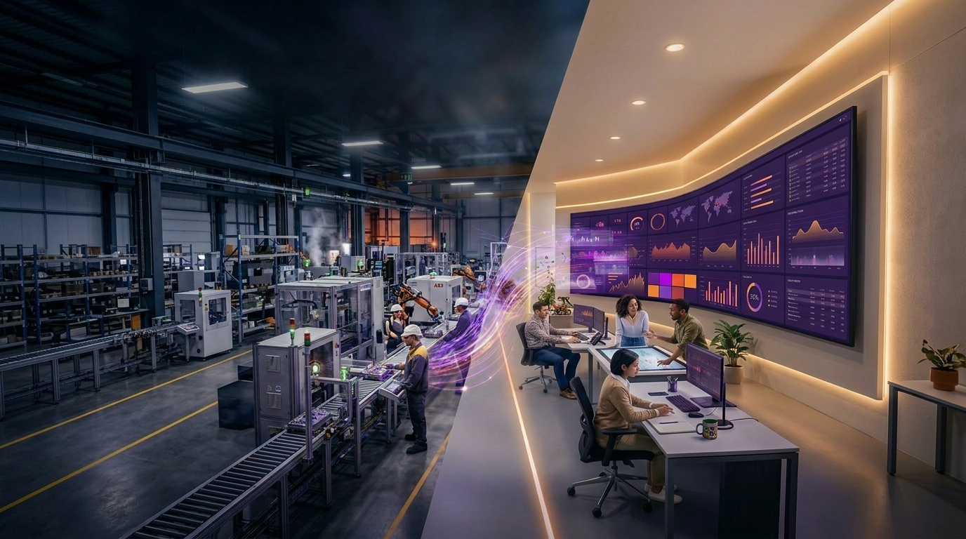 Split-view factory and modern control room with workers, glowing machinery, and dashboard screens