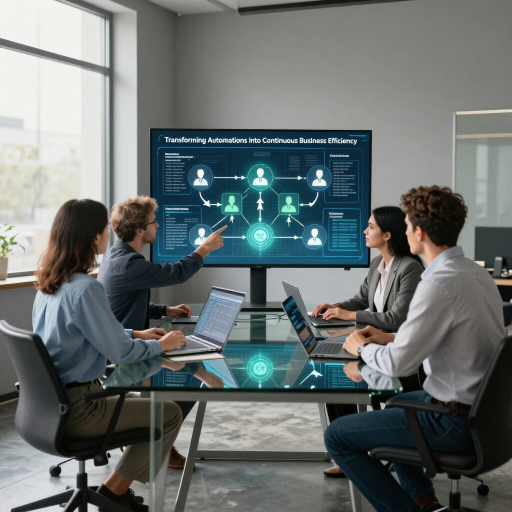 Team meeting around a conference table, discussing a digital collaboration dashboard in a modern office