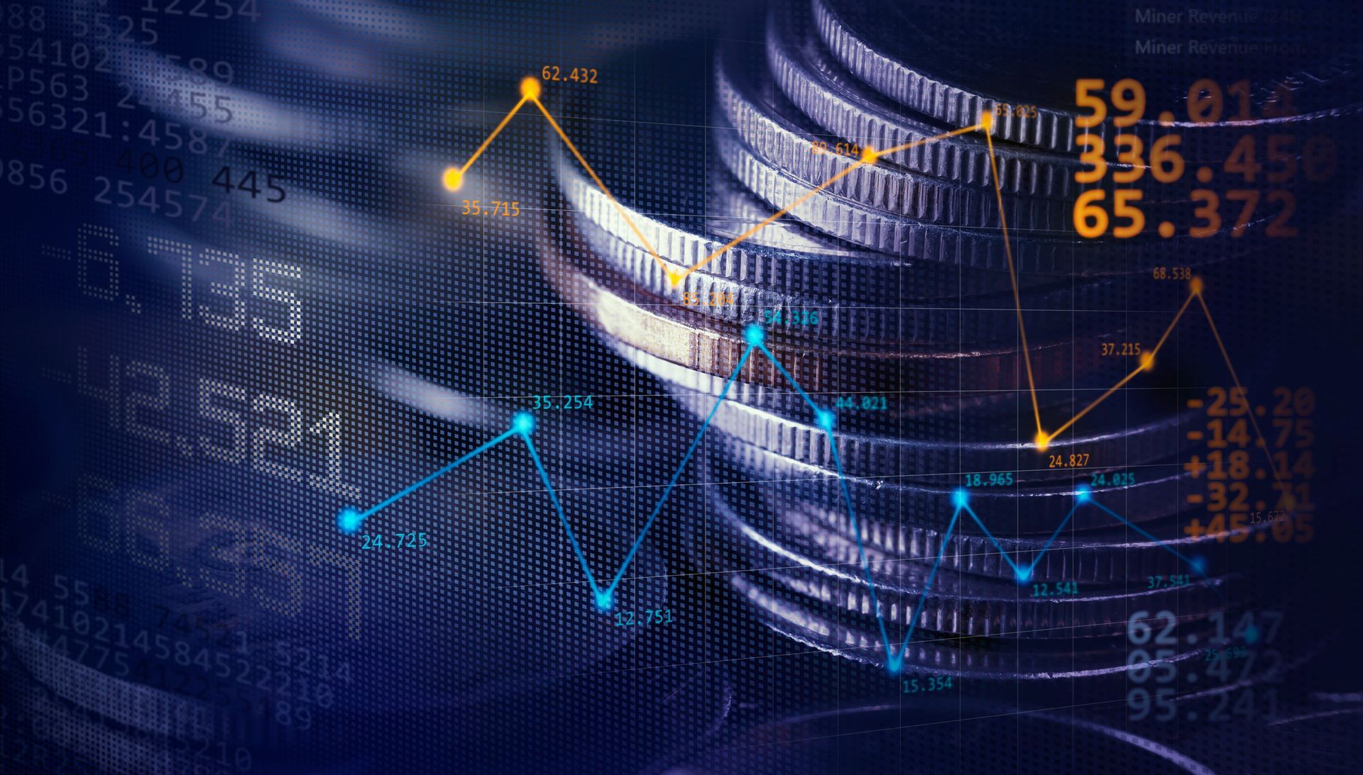Digital stock market chart with glowing blue and orange lines over stacked coins and financial numbers