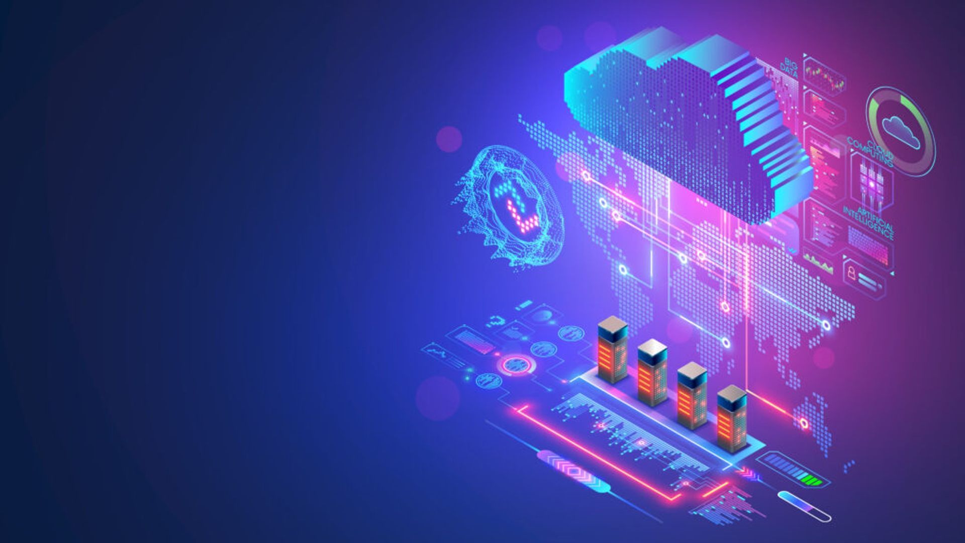 Digital graphic showing a blue glowing cloud above server units, connected to data charts and a world map in neon hues.