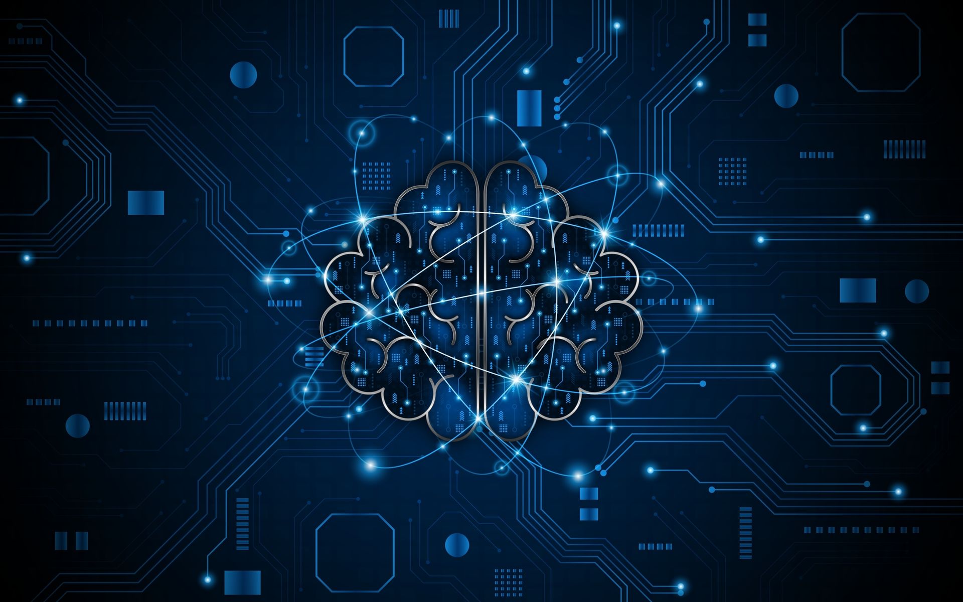 A glowing digital human brain icon set against a dark blue background with abstract circuit board patterns and data nodes.