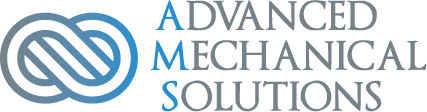 The logo for advanced mechanical solutions is blue and white