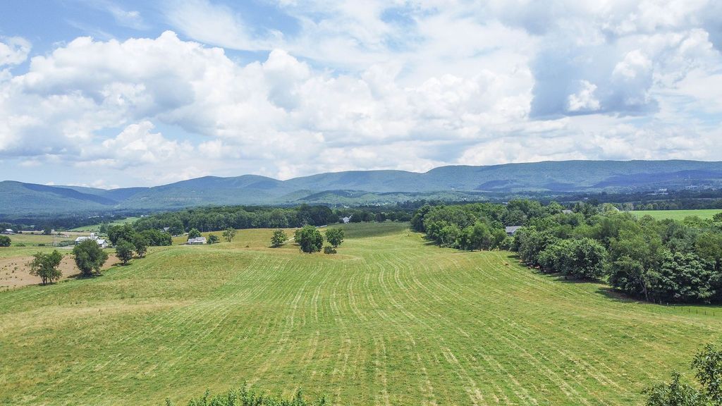 An aerial view of a lush green field with mountains in the background.