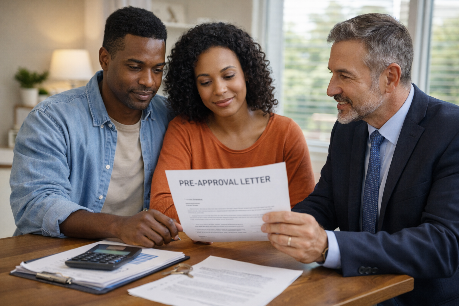 Couple reviewing a pre-approval letter with a financial advisor at a table.