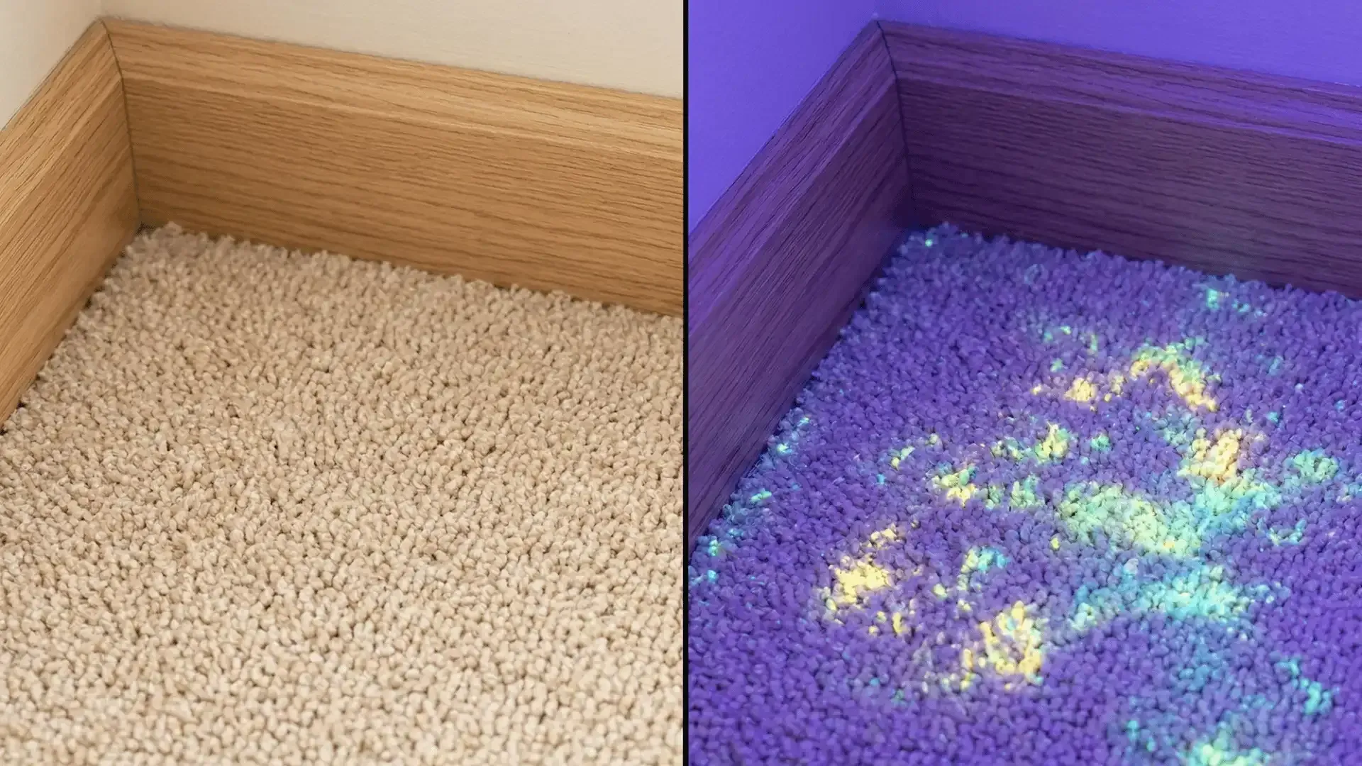 UV light identifying pet urine contamination in calgary carpet