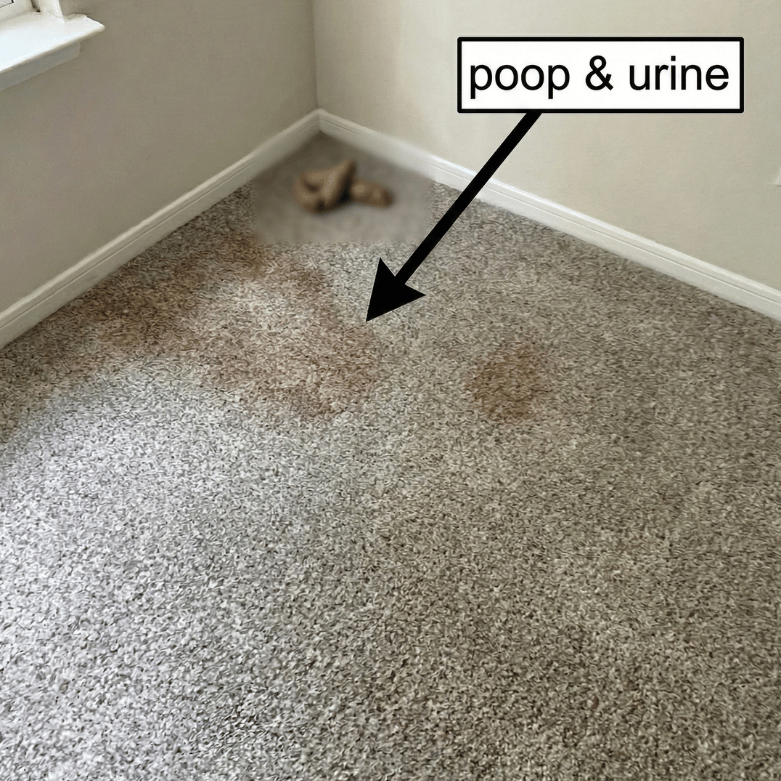 Dried pet urine residue in carpet fibre before enzyme treatment