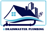 Logo: House and building with blue waves and plumbing, 