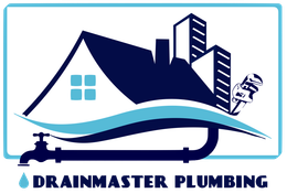 Logo: House and building with blue waves and plumbing, 