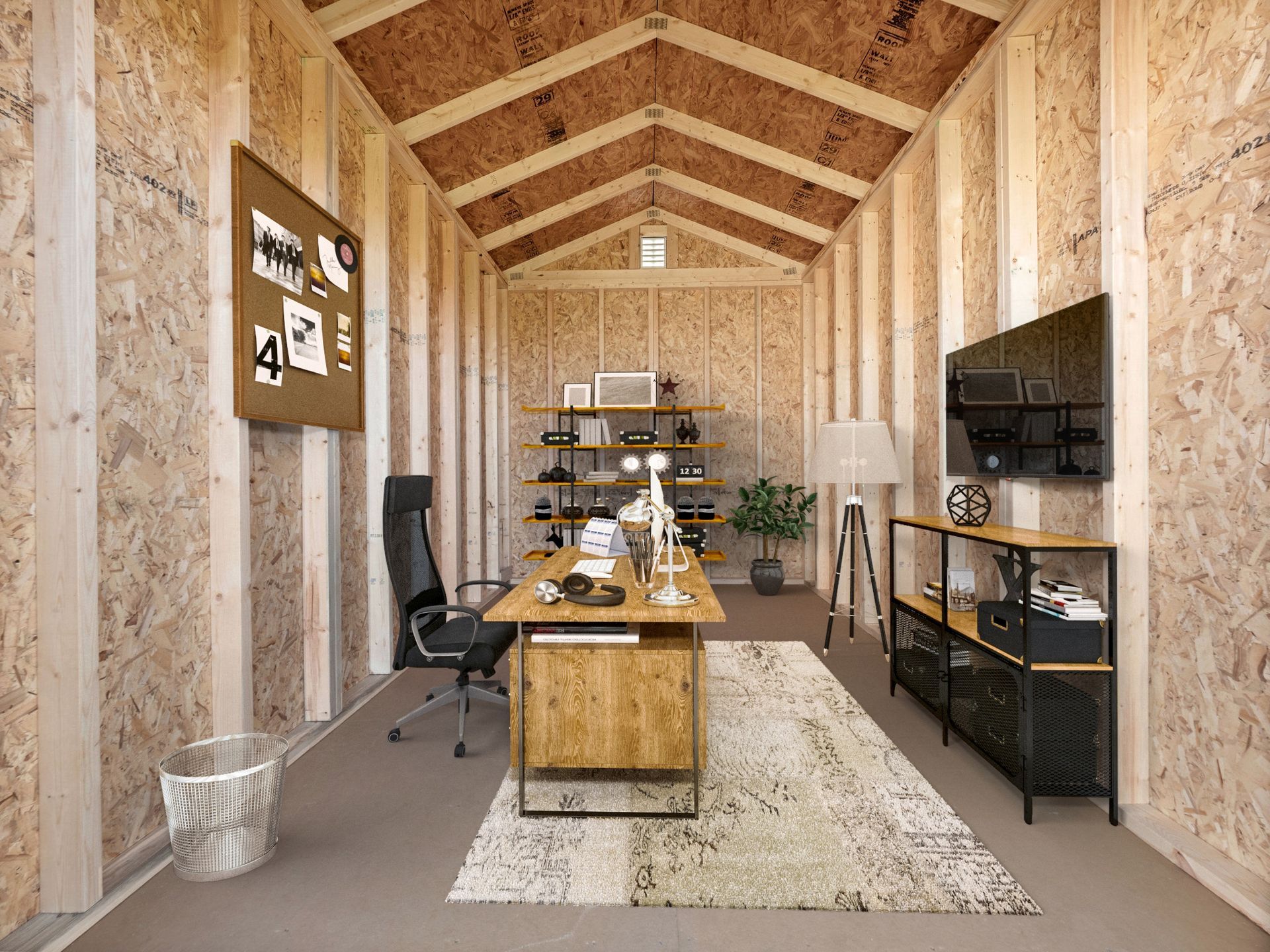 a 3d rendering of a home office in a portable shed .