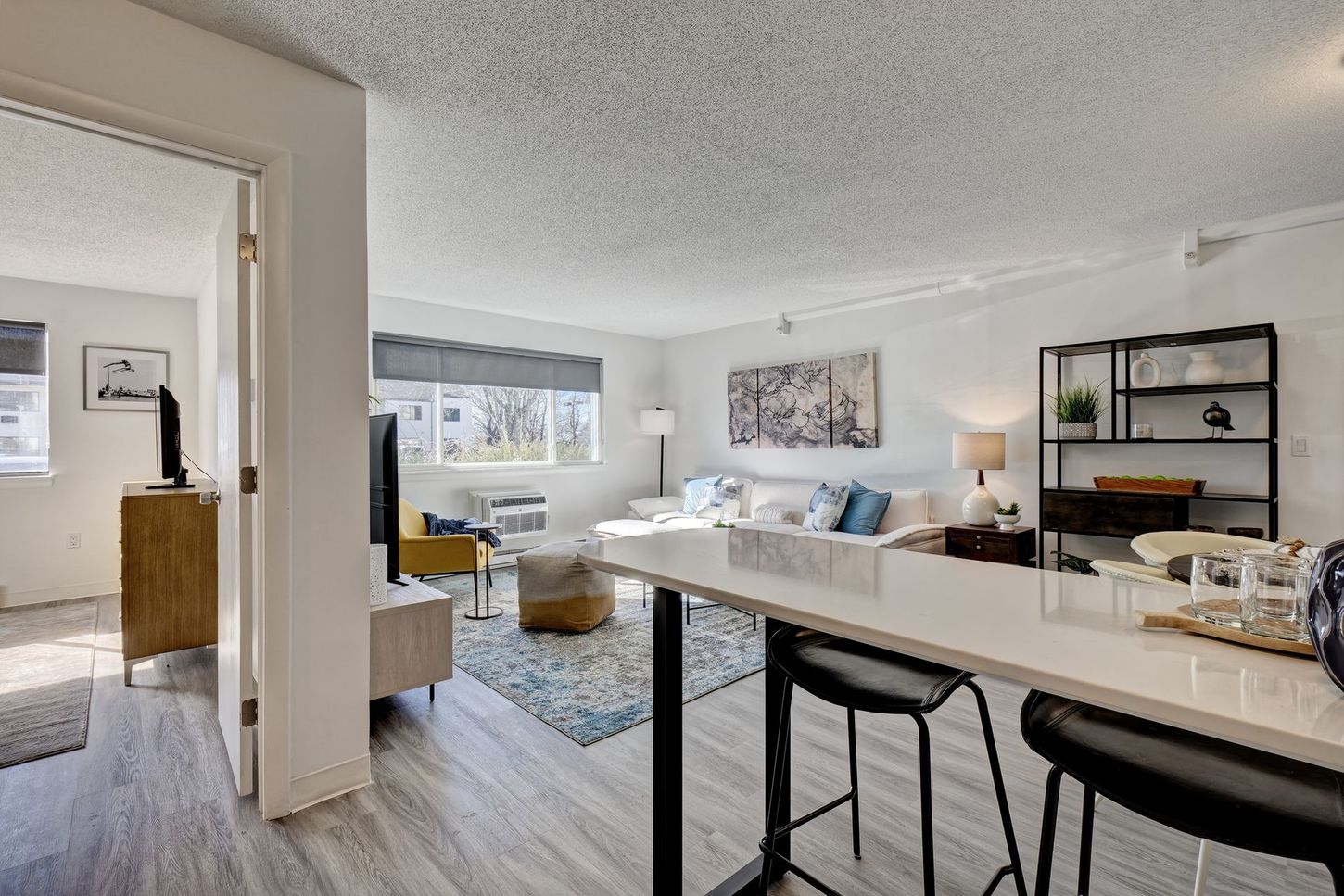 Interior of a modern apartment with a kitchen island and living area, including a couch, TV, and decorative items.