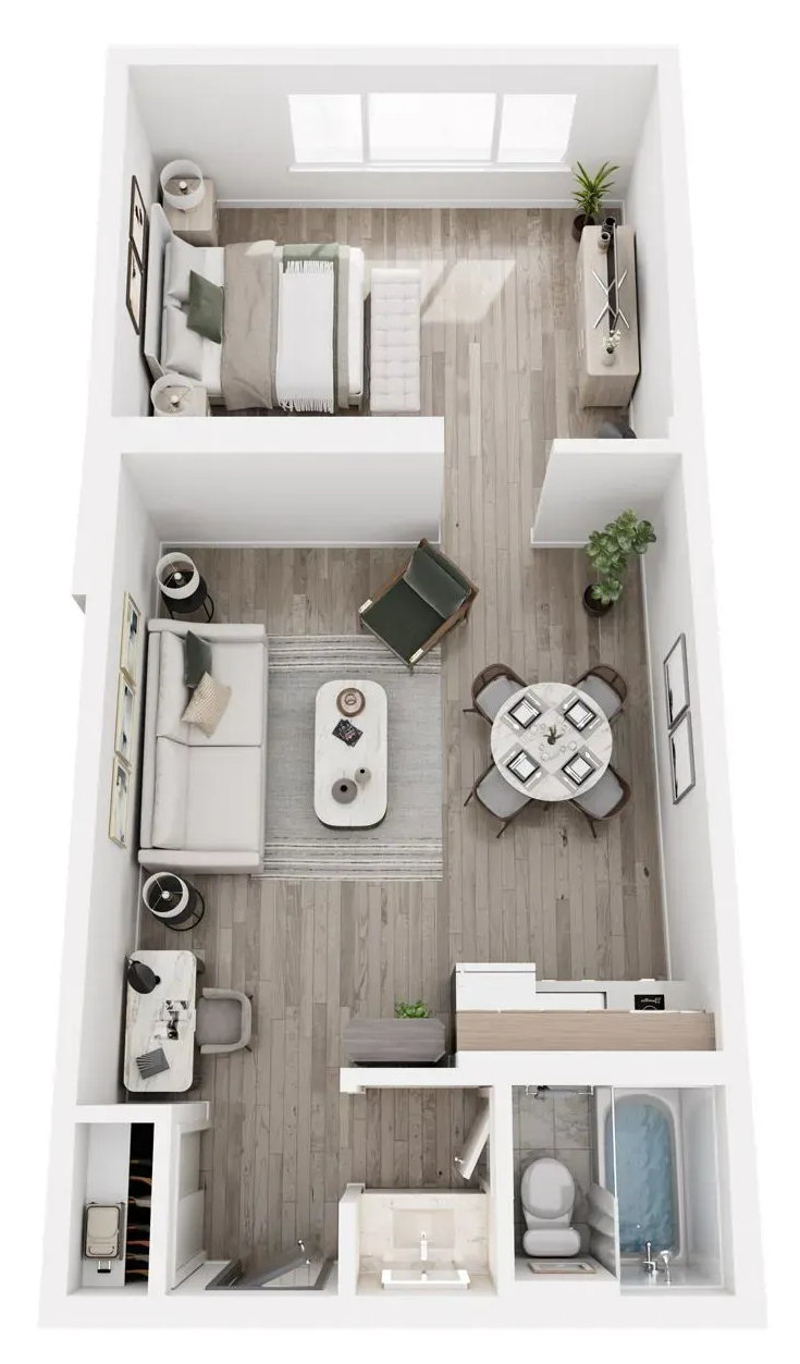 Top-down view of a modern studio apartment layout with bedroom, living area, dining, and bathroom.