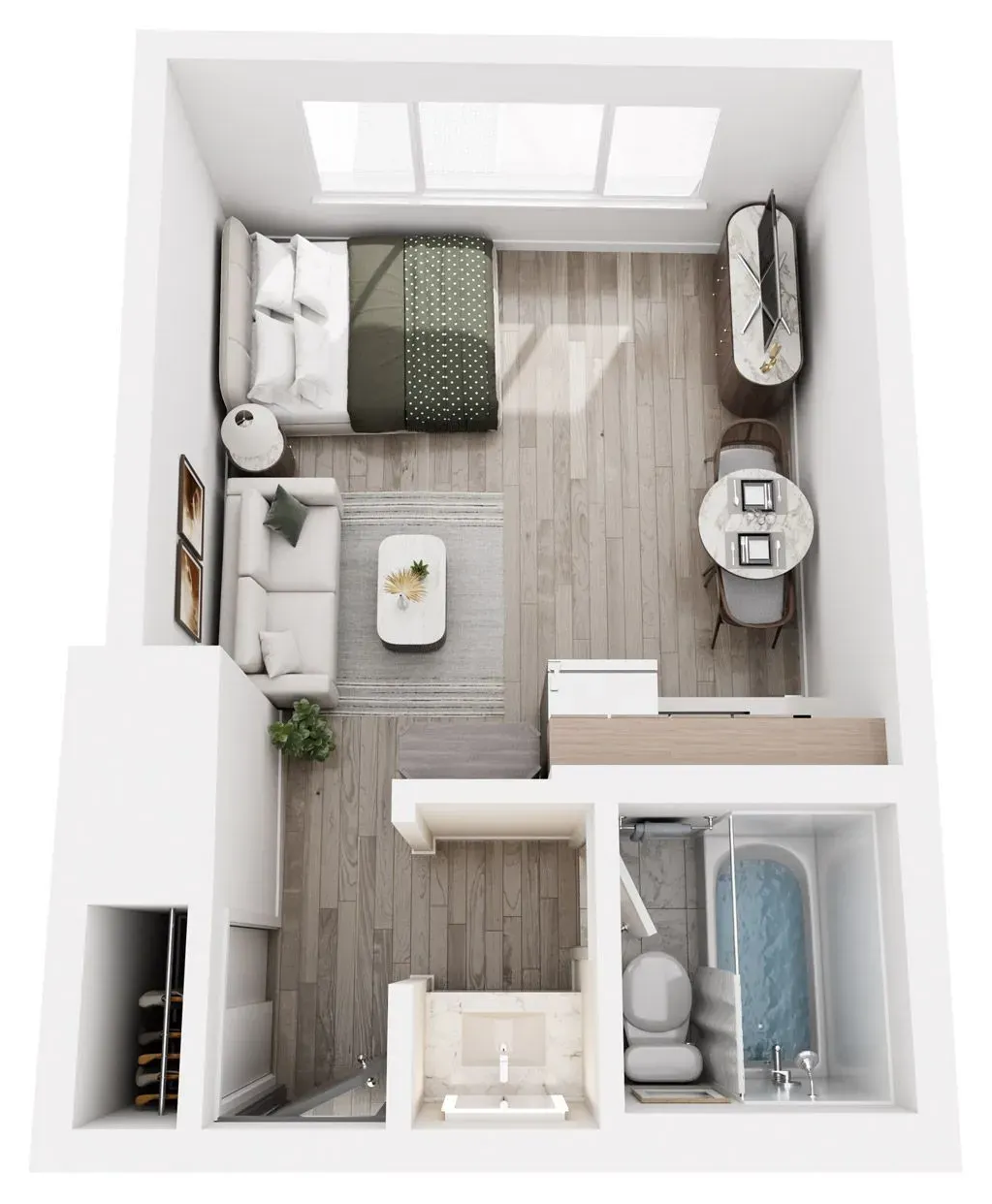 Overhead view of a small studio apartment. Features a bed, couch, table, and bathroom, light wood floors, and neutral tones.