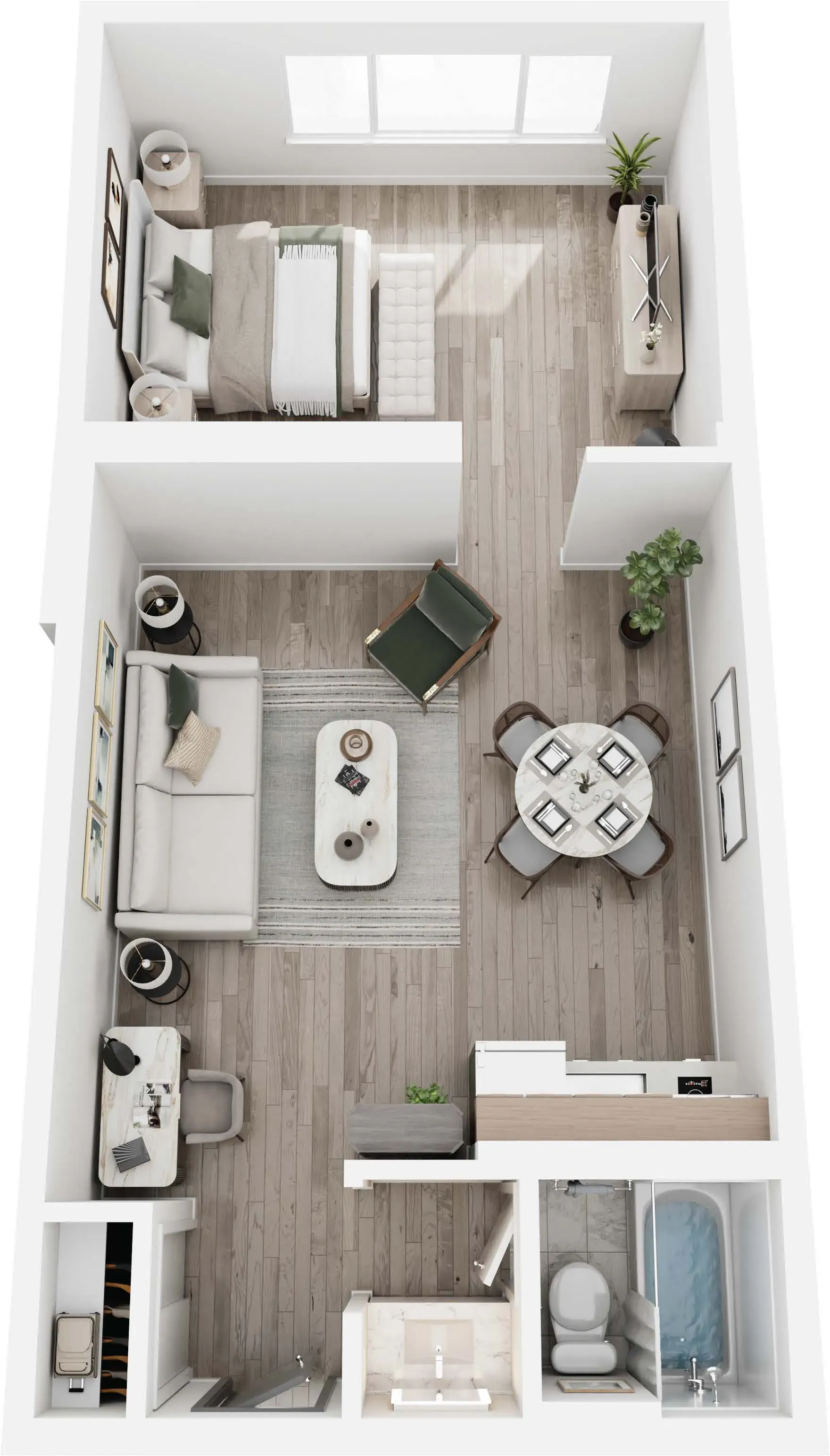 Top-down view of a modern studio apartment with bedroom, living room, dining area, and small kitchen.