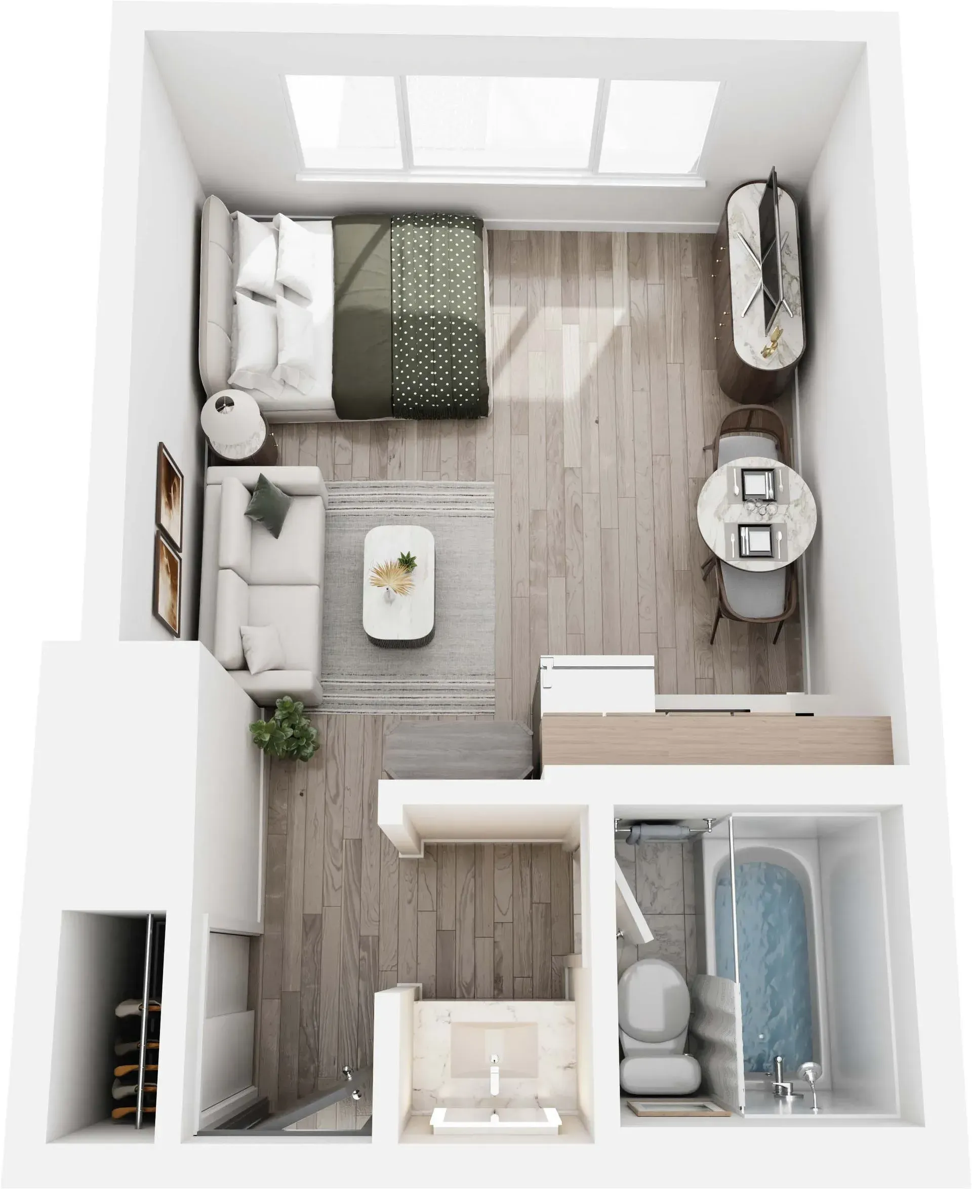 Top-down view of a small studio apartment, with a bed, couch, table, and bathroom visible.