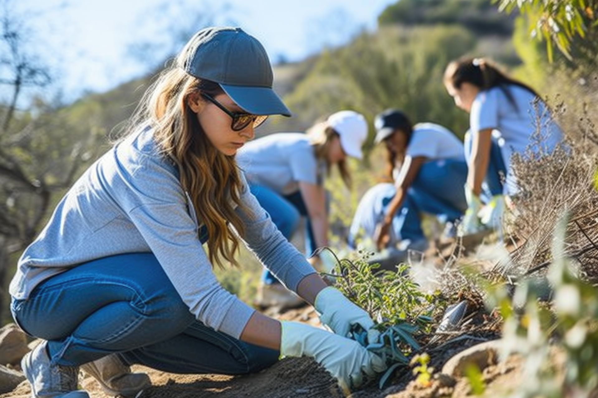 A group of people are planting trees in a forest.