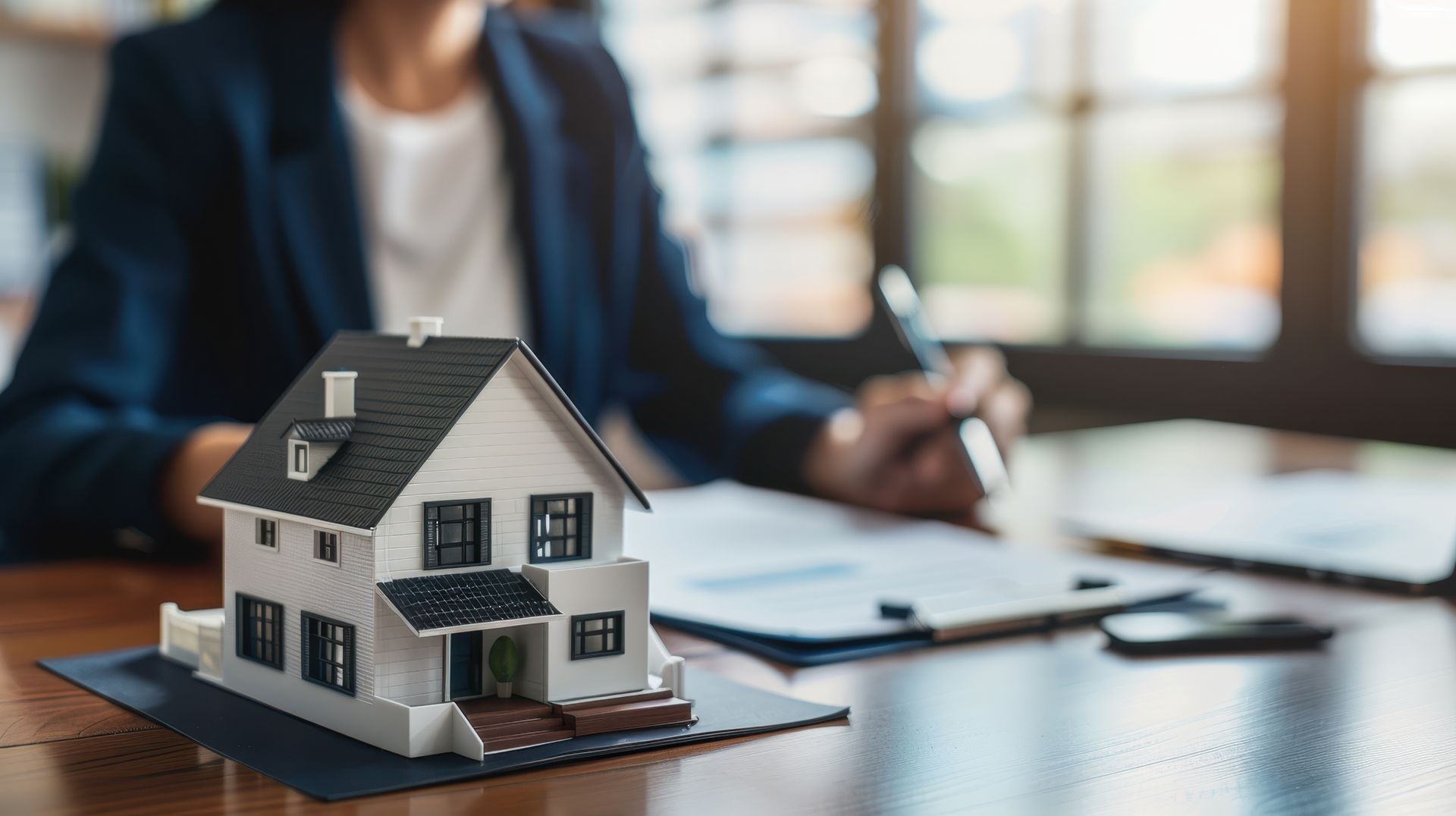A woman is sitting at a table with a model house on it.