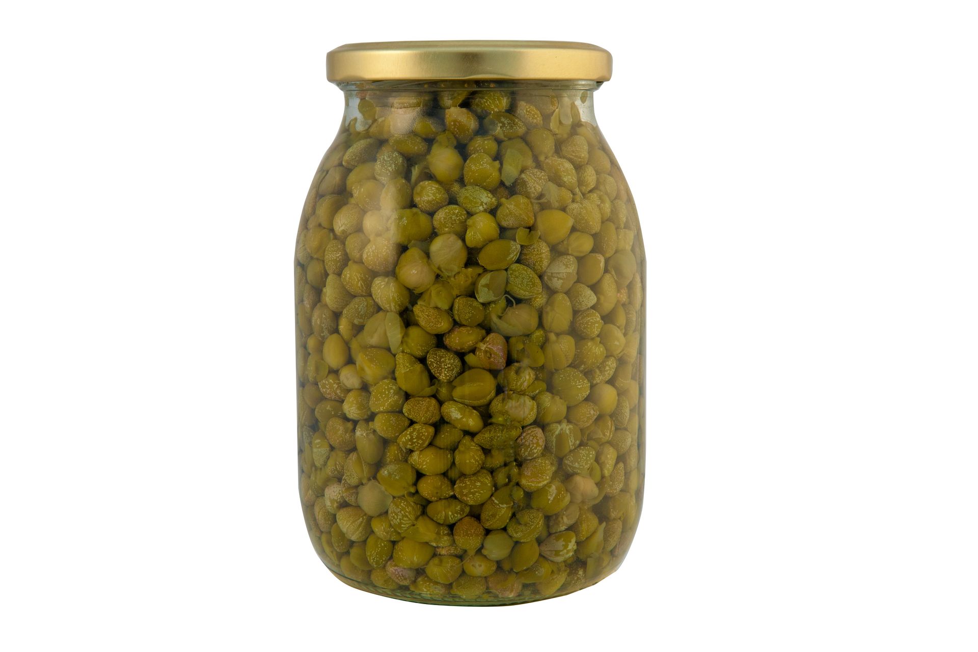 Un barattolo di piselli verdi con un coperchio dorato su uno sfondo bianco