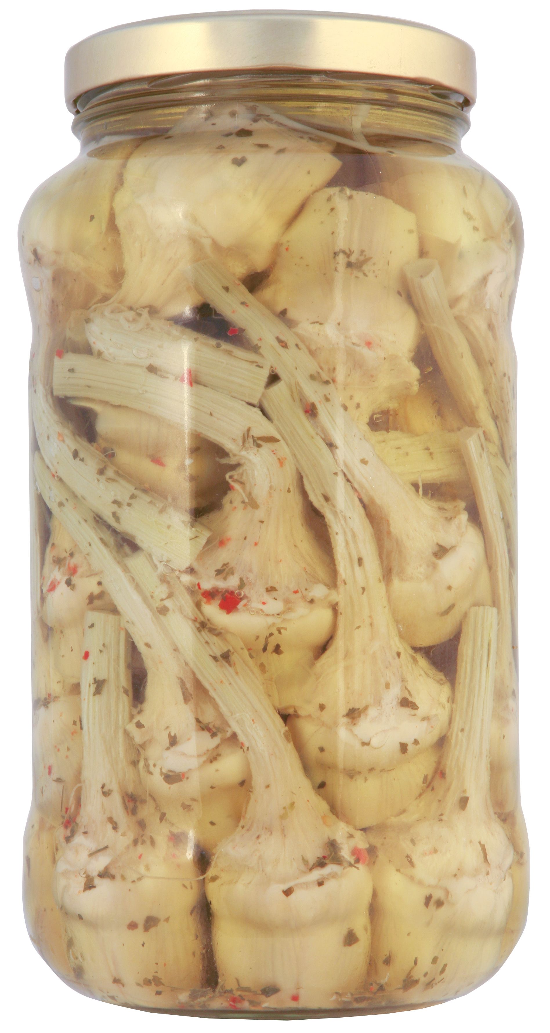 Un barattolo pieno di carciofi su uno sfondo bianco.