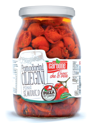 Un barattolo di pomodori con un'etichetta che dice pomodorini ciliegini