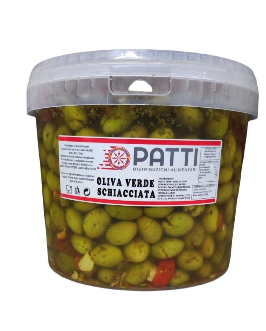 A container of patti oliva verde schiacciata olives