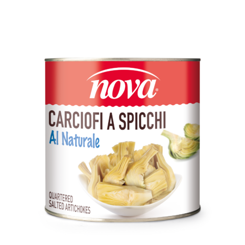 Una lattina di carciofi Nova su uno sfondo bianco