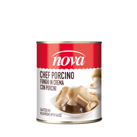Una lattina di funghi porcini Nova Chef con salsa