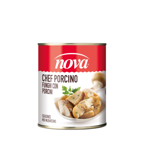 Una lattina di funghi porcini nova chef con porcini