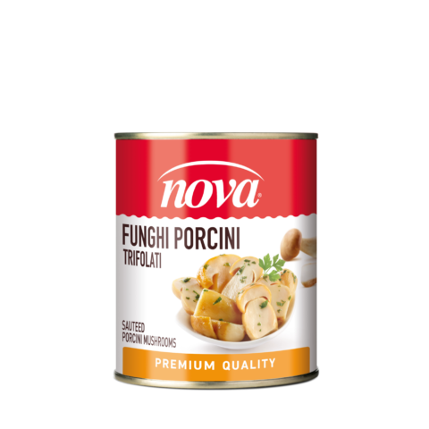 Una lattina di funghi porcini nova trifolati su sfondo bianco
