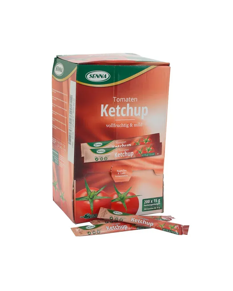 Una scatola di bastoncini di ketchup con sopra raffigurati dei pomodori.