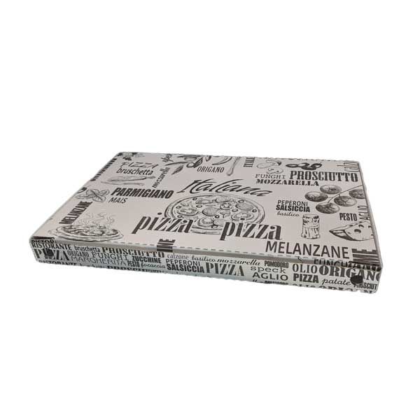Una scatola per pizza in bianco e nero con una pizza sopra.