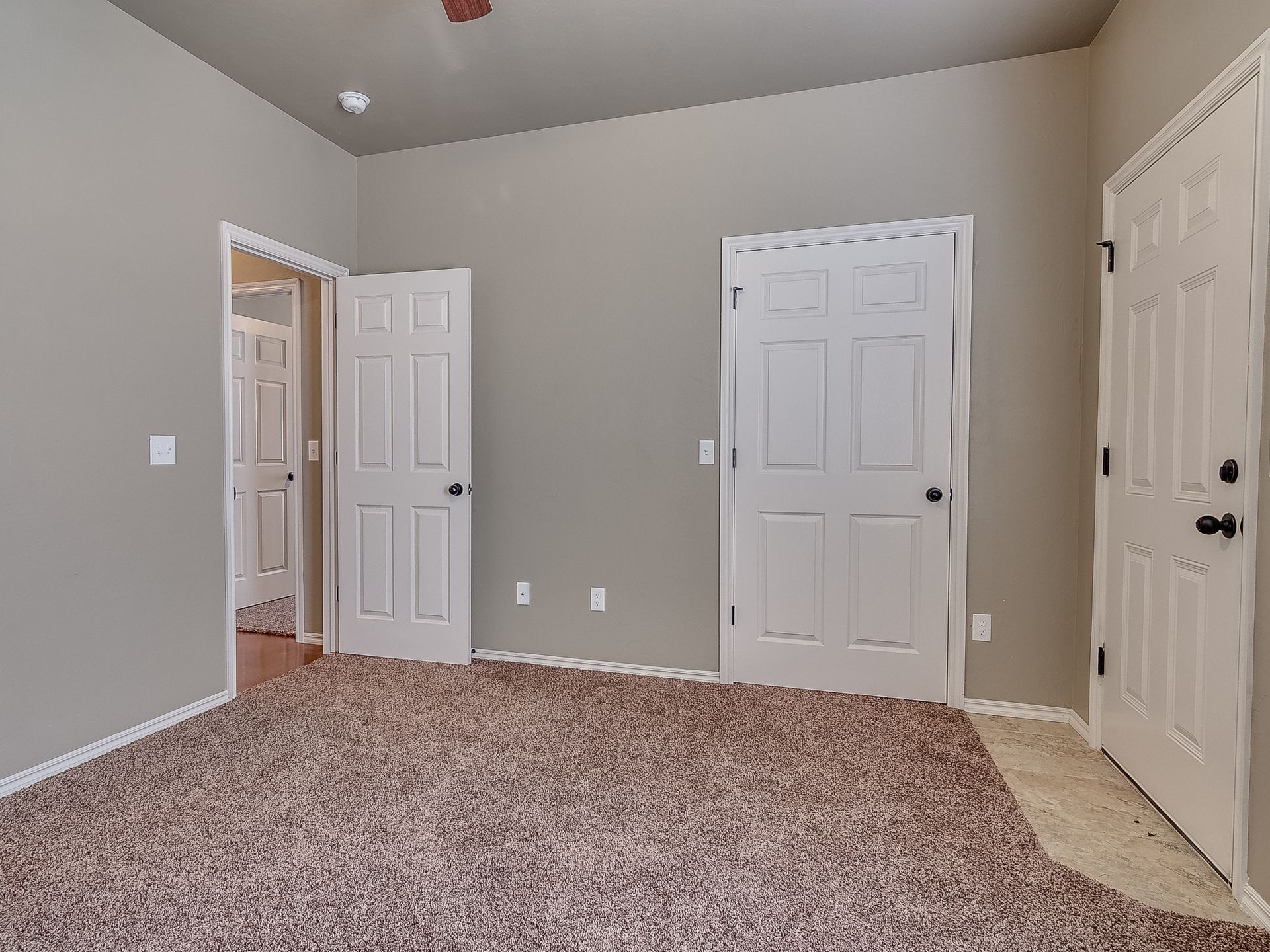 Bedroom with gray walls, three white doors, and brown carpet.