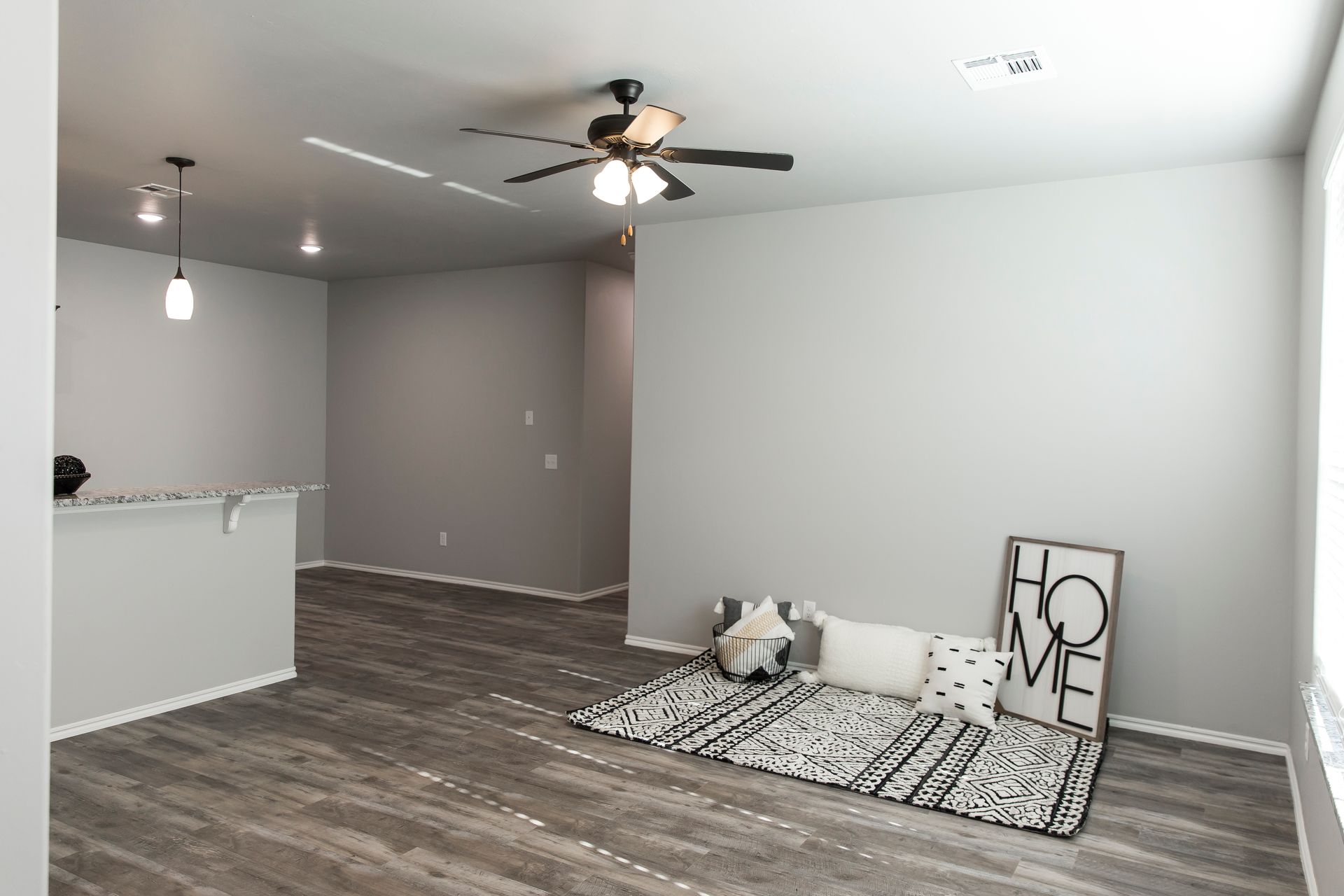 Gray living room with wood-look floors, decorative rug, throw pillows,
