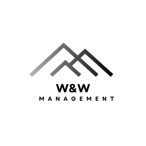 Logo of W&W Management with mountain range graphic above the words. Black and white.