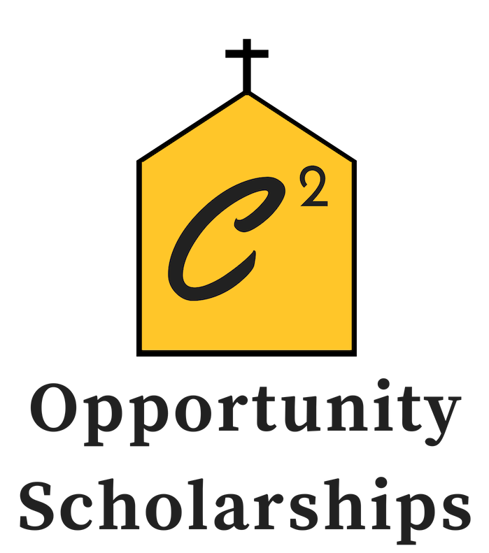 The logo for C Squared Opportunity scholarships has a yellow house with a cross on top of it.
