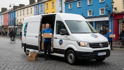 Delivery personnel loading packages from a white van parked on a cobblestone street. Colorful buildings in background.