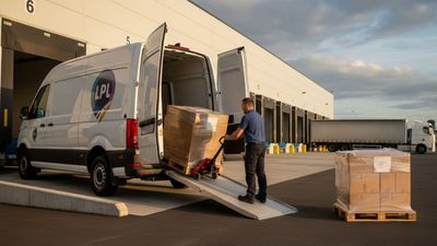 Man loading a pallet onto a white LPL van at a loading dock.
