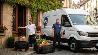 Two men near a delivery van, food boxes, and a building entrance. One man points; another smiles.