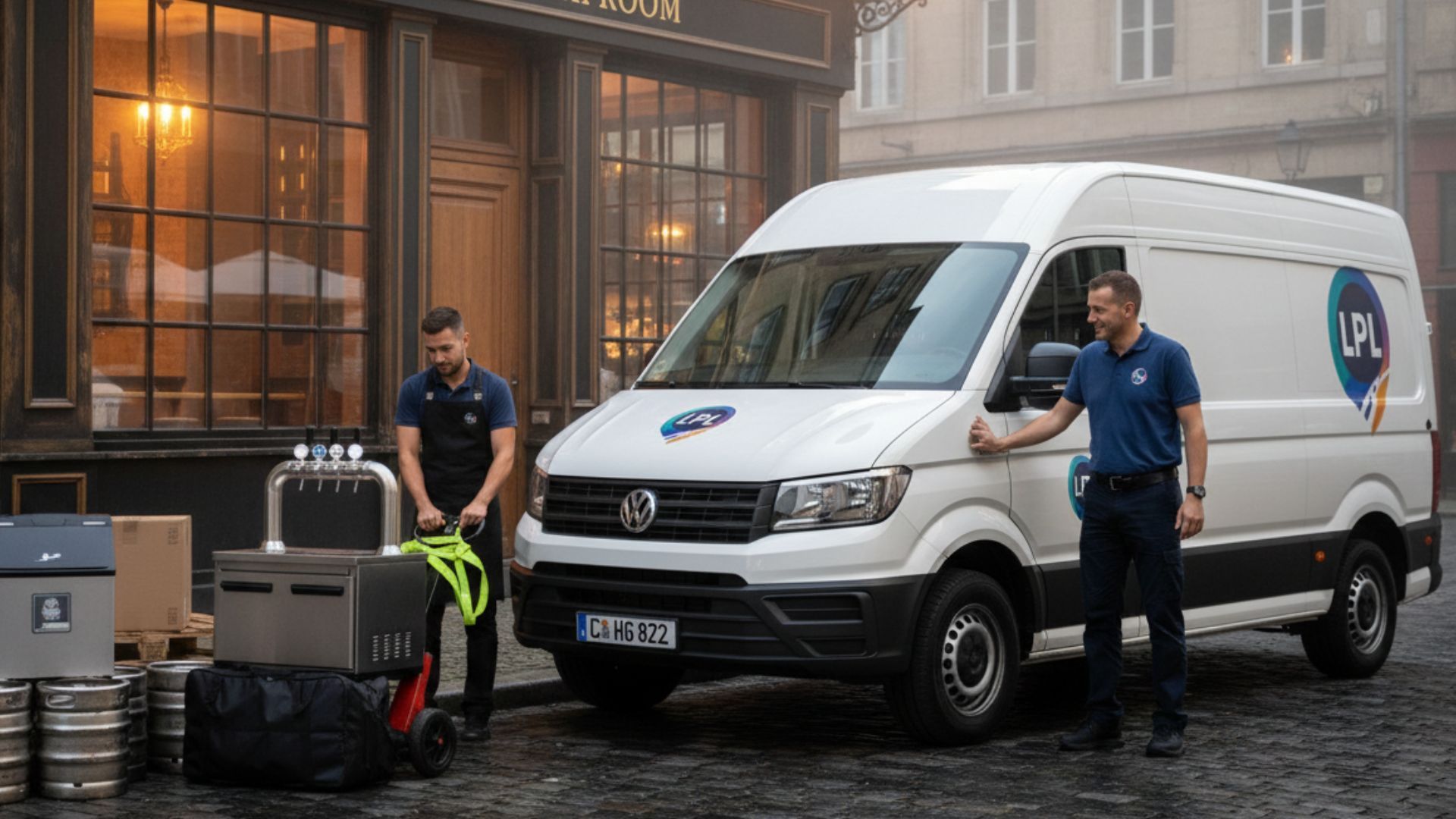 Two delivery people unloading a white van labeled 