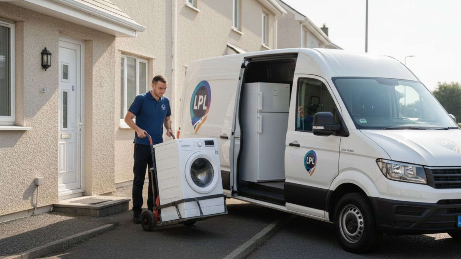 Man unloading a washing machine from a service van outside a house.