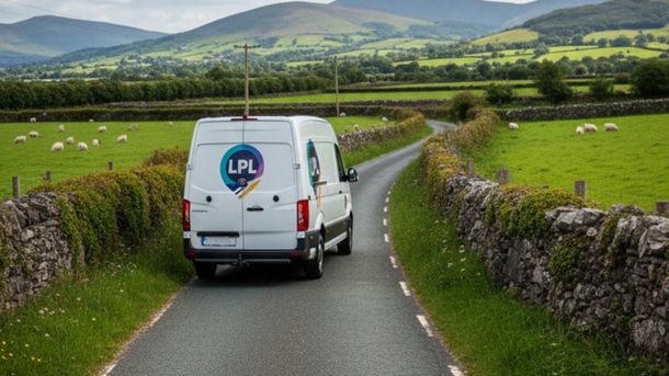 White delivery van on a narrow road in a rural landscape, flanked by stone walls and green fields.