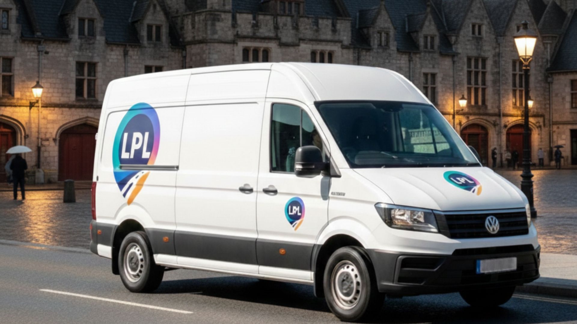 White LPL van parked on a street in front of a historic building, logo on the side.