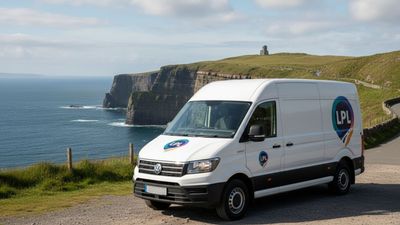 White LPL van parked on a road overlooking the Cliffs of Moher and ocean on a sunny day.
