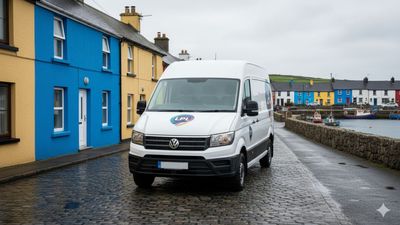 White van driving on a cobblestone road in a coastal town with colorful buildings.