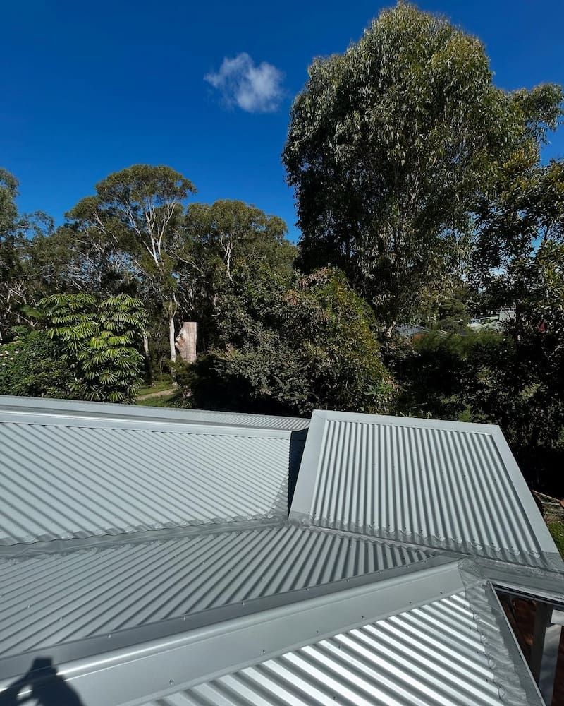 Silver Metal Roof With Trees and Blue Sky in Background — Ace1 Metal Roofing in Taree, NSW